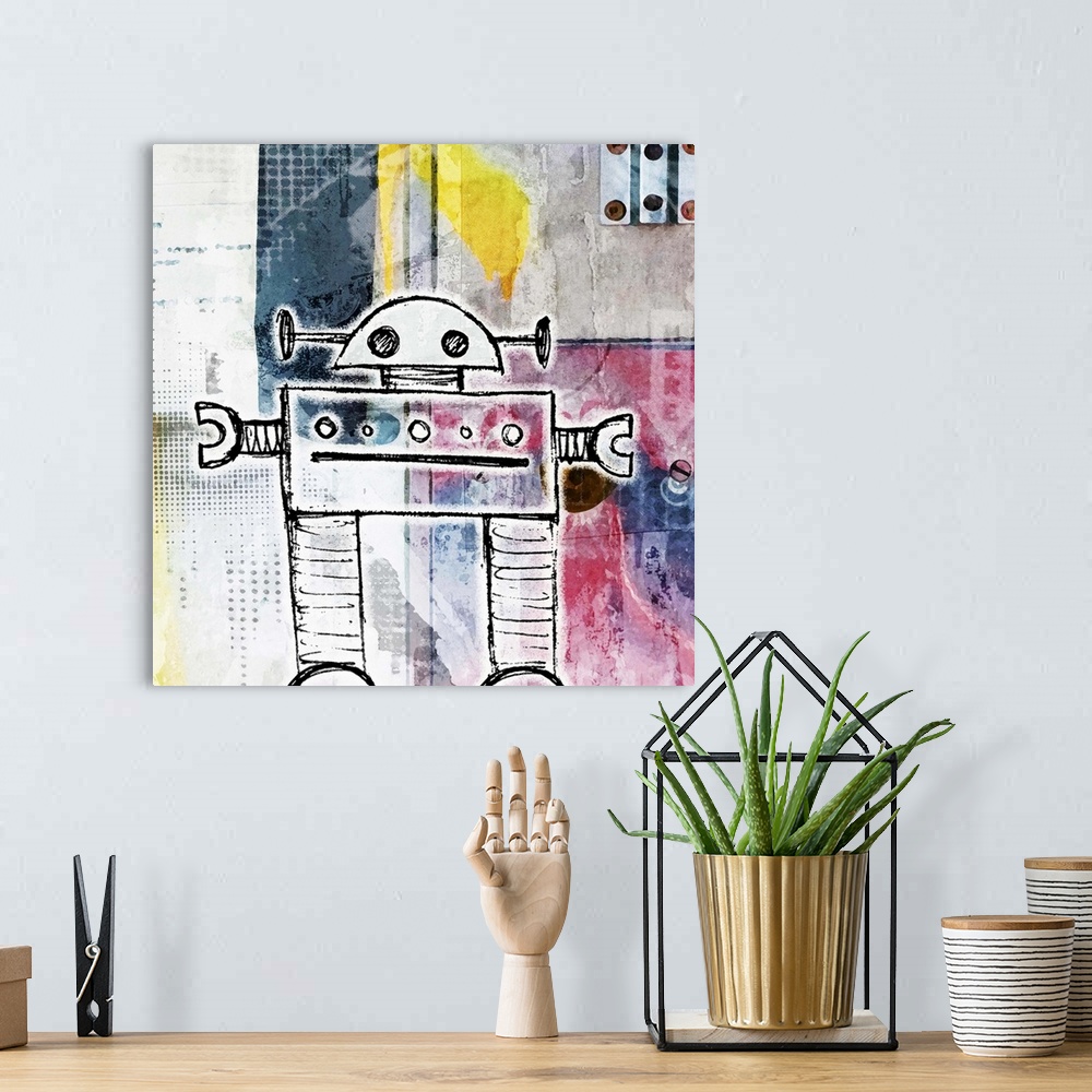 A bohemian room featuring Cute painting of a robot made of simple lines and shapes.