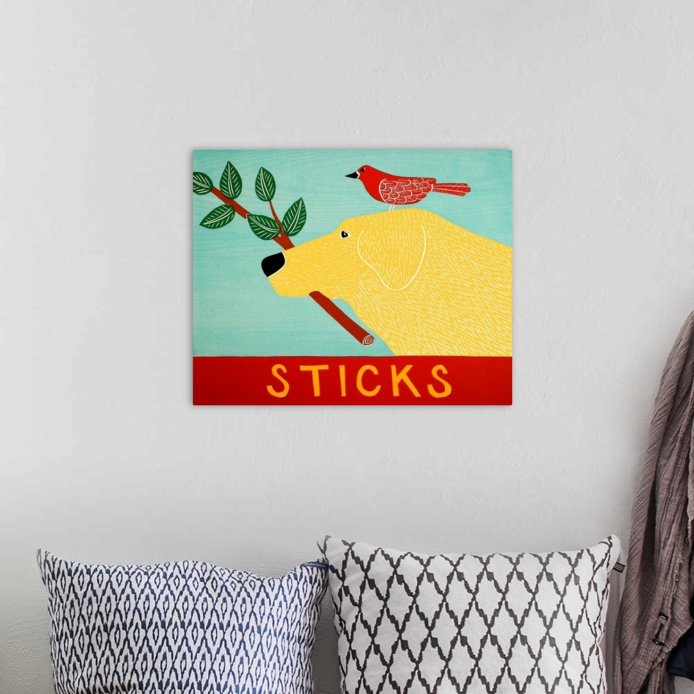 A bohemian room featuring Illustration of a yellow lab with a red bird standing on its head and a leafy stick in its mouth.