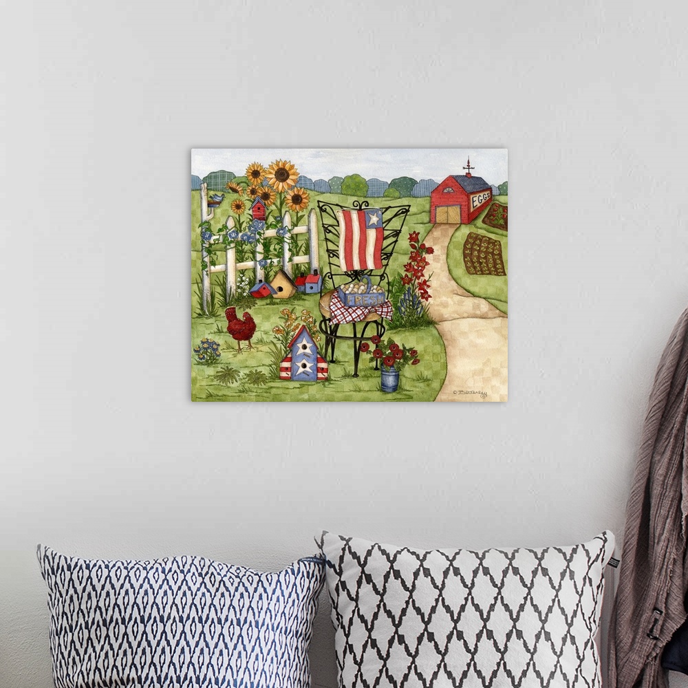 A bohemian room featuring Barn with path leading to fence with blue birds, sunflowers, birdhouses, chicken, and chair with ...