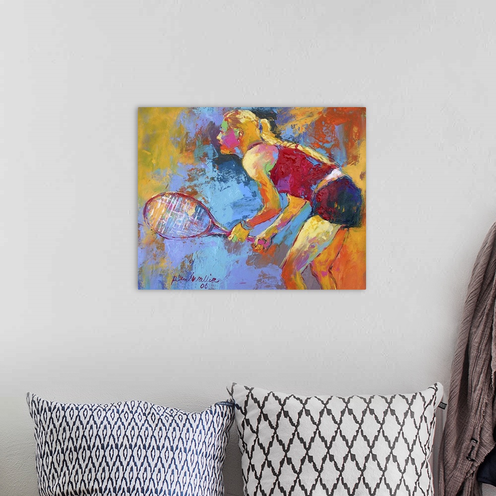 A bohemian room featuring Contemporary vibrant colorful painting of a tennis player.