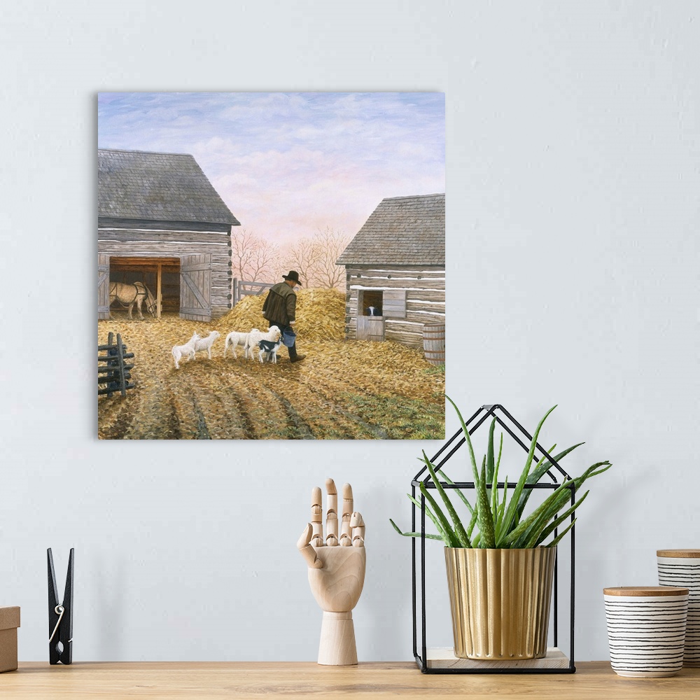A bohemian room featuring Contemporary artwork of a farmer with his sheep between two farm buildings.