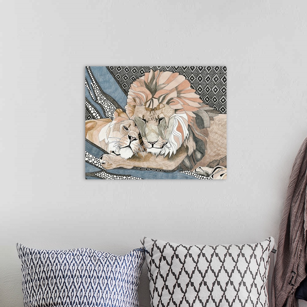 A bohemian room featuring Illustration of a lion and lioness snuggling with a patterned background.