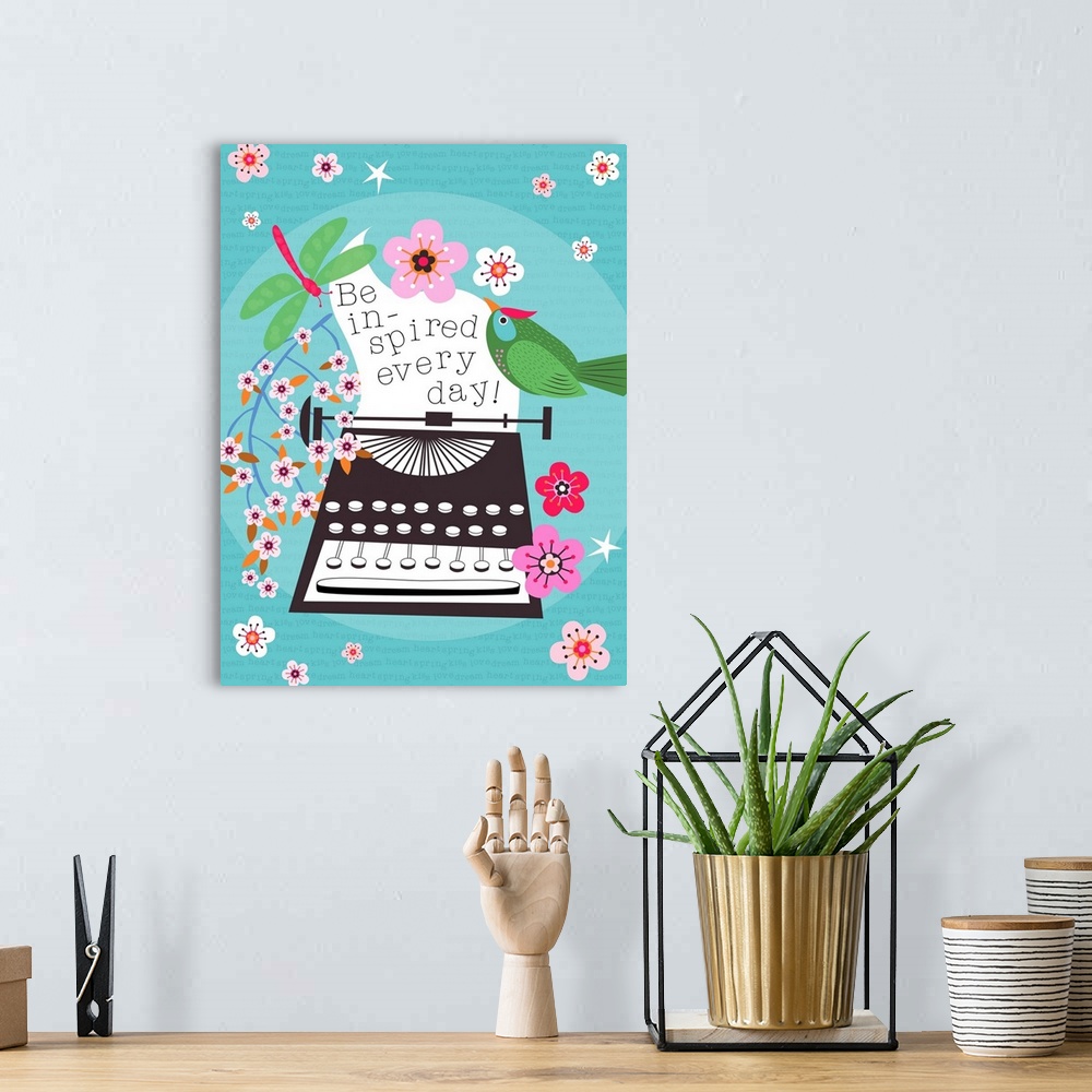 A bohemian room featuring Contemporary colorful inspirational artwork of a green bird on a typewriter.