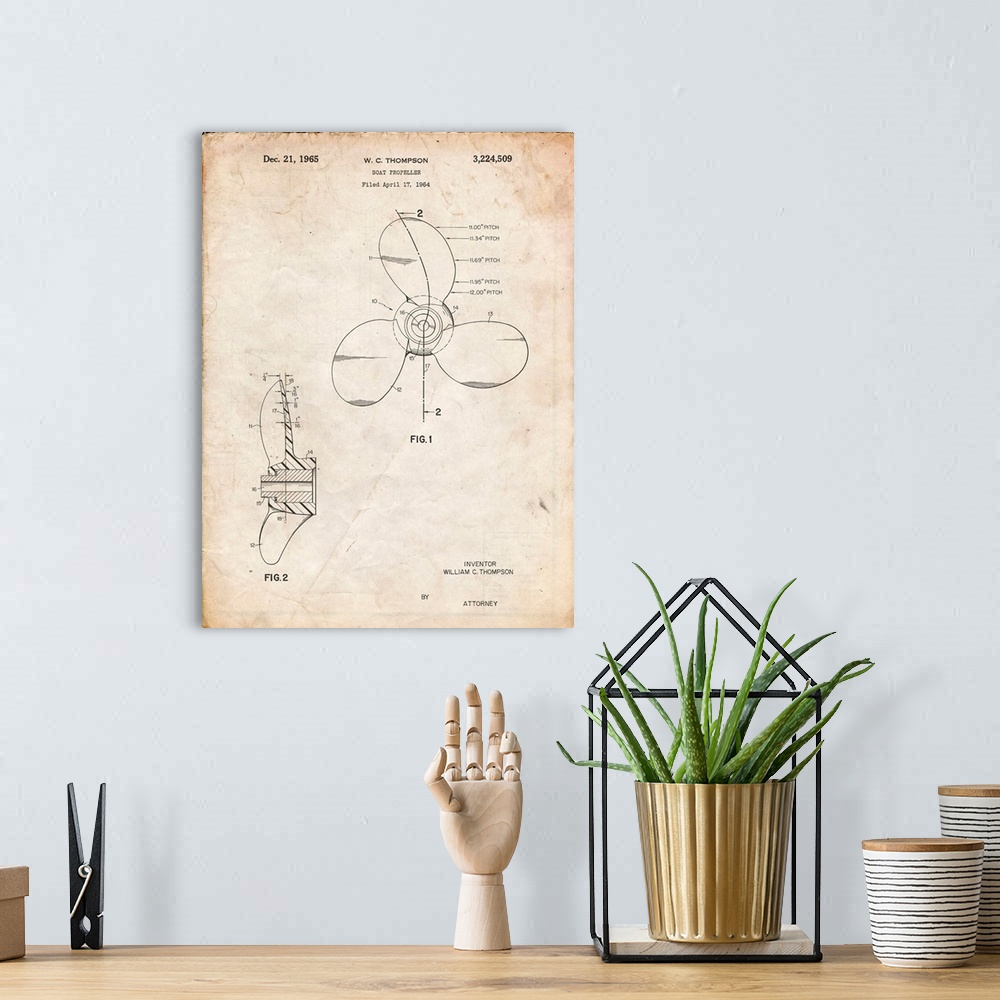 A bohemian room featuring Vintage Parchment Boat Propeller 1964 Patent Poster
