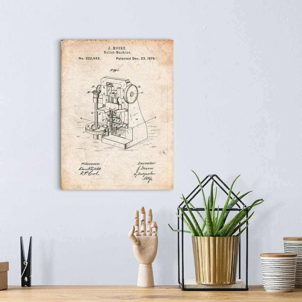 A bohemian room featuring Vintage Parchment Bullet Machine Patent Poster