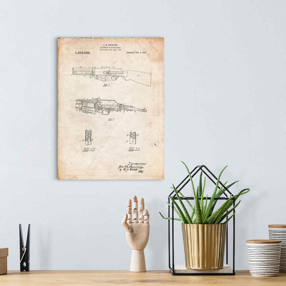 A bohemian room featuring Vintage Parchment M1919 Browning Automic Rifle Patent Poster