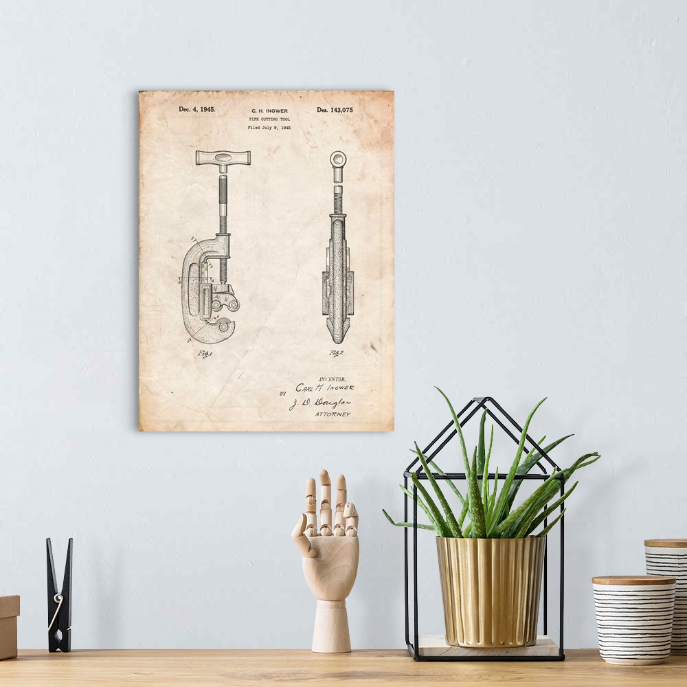 A bohemian room featuring Vintage Parchment Pipe Cutting Tool Patent Poster