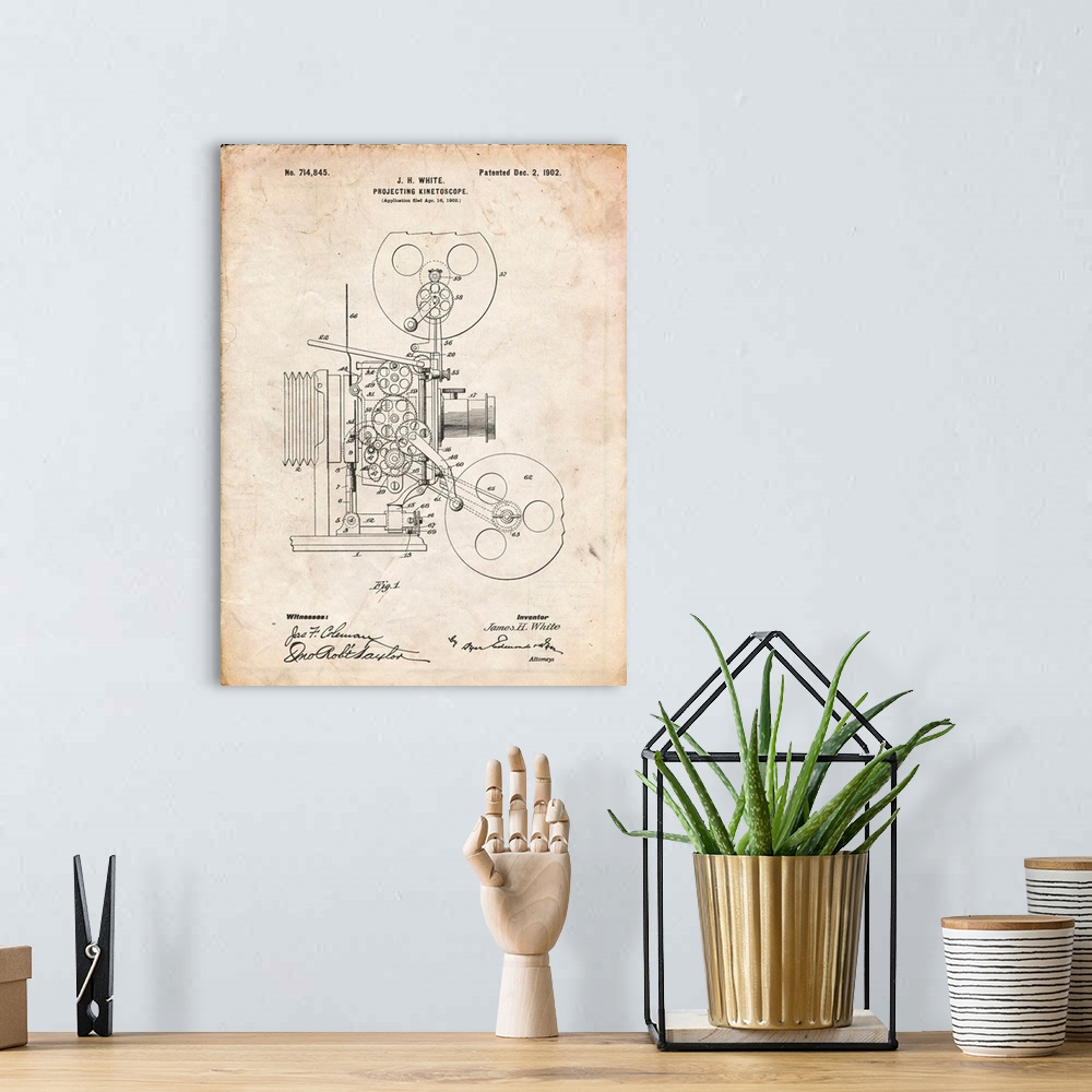 A bohemian room featuring Vintage Parchment Projecting Kinetoscope Patent Poster