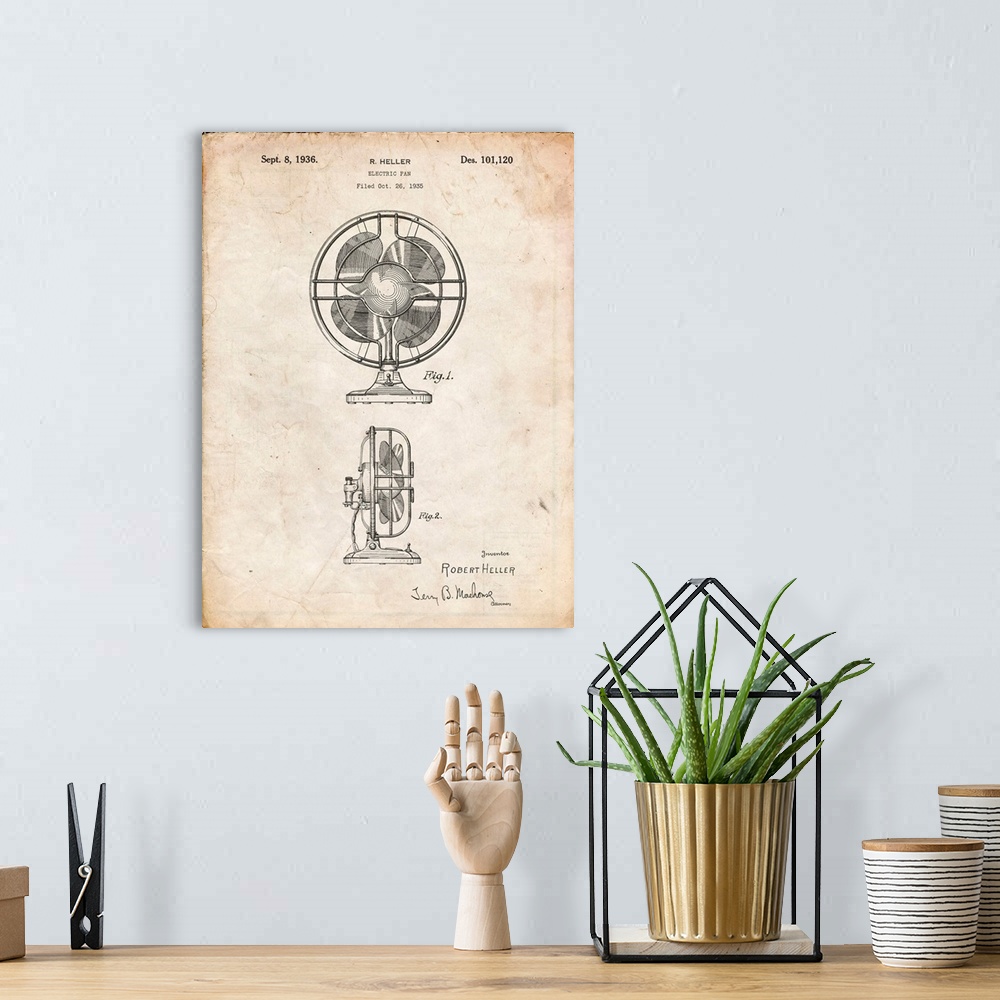 A bohemian room featuring Vintage Parchment Table Fan Patent Poster
