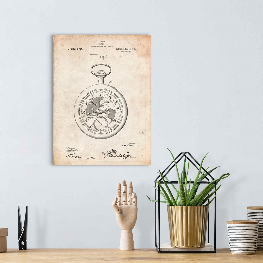A bohemian room featuring Vintage Parchment U.S. Watch Co. Pocket Watch Patent Poster
