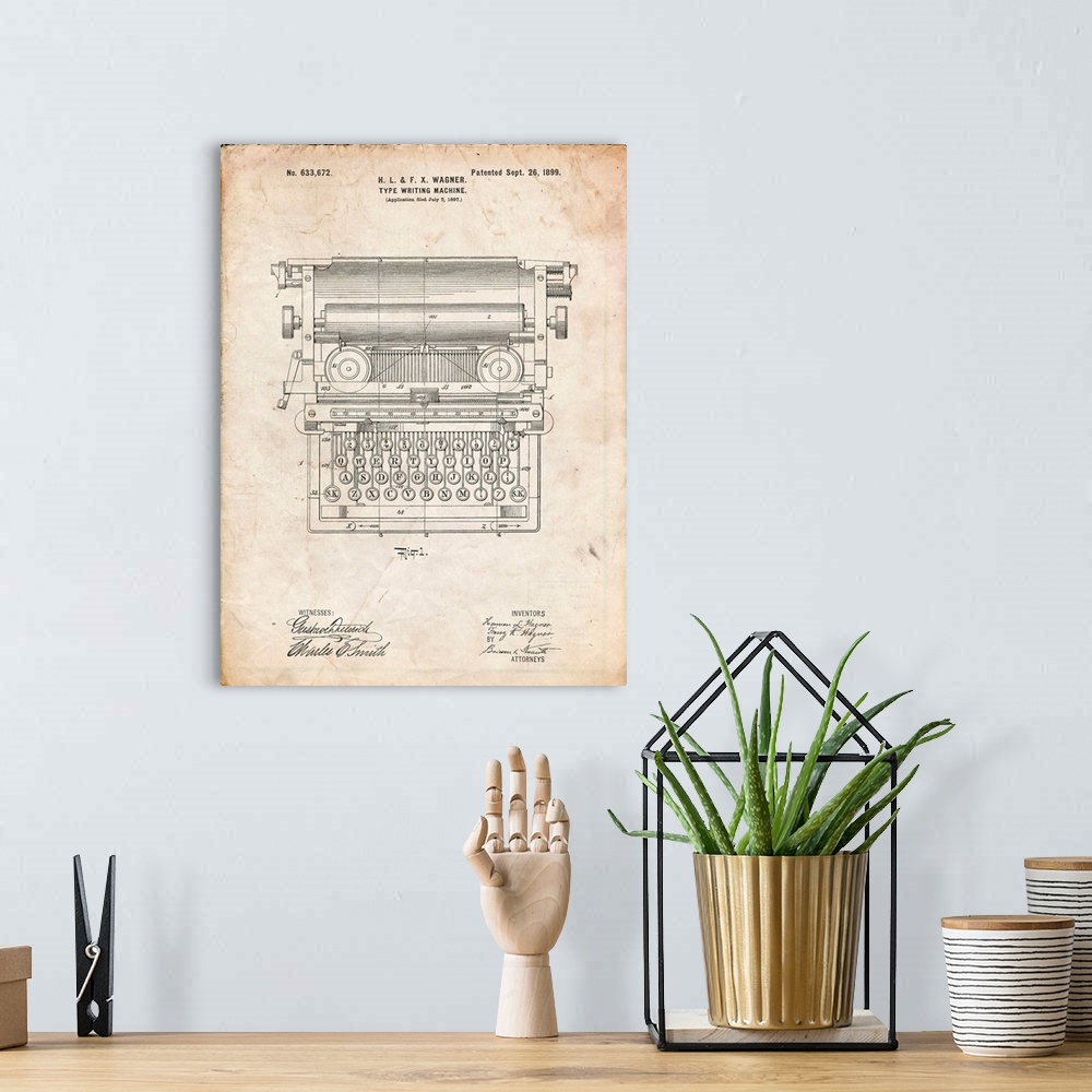 A bohemian room featuring Vintage Parchment Underwood Typewriter Patent Poster