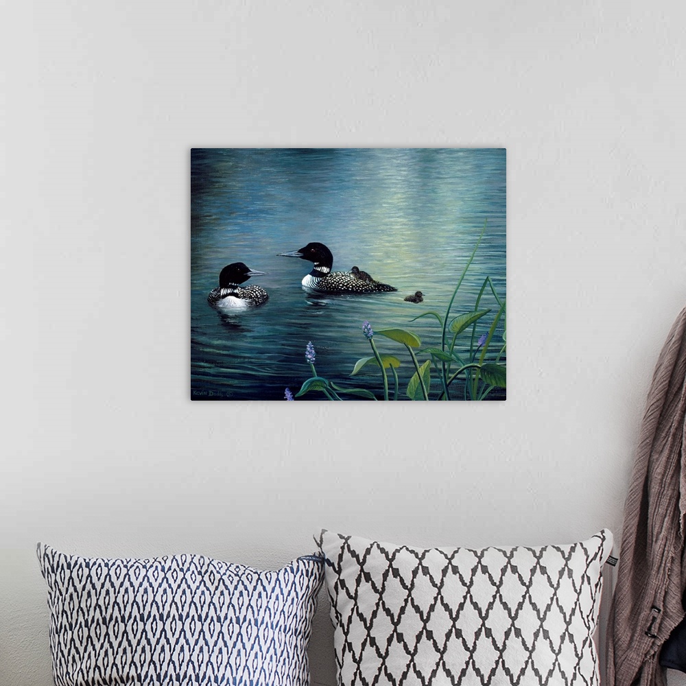 A bohemian room featuring Contemporary artwork of virginia loons and chicks in the water.