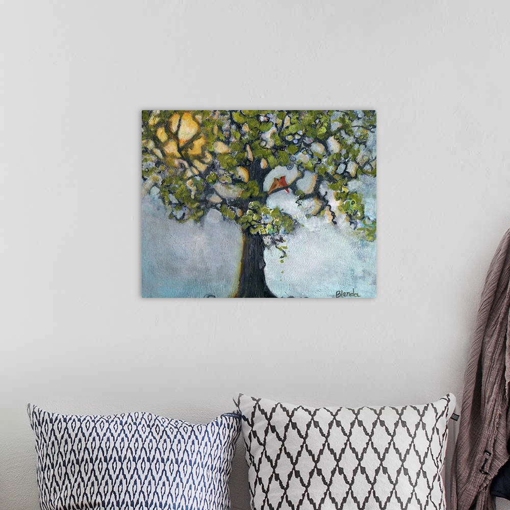 A bohemian room featuring Lighthearted contemporary painting of a tree with birds perched on the on the branches.