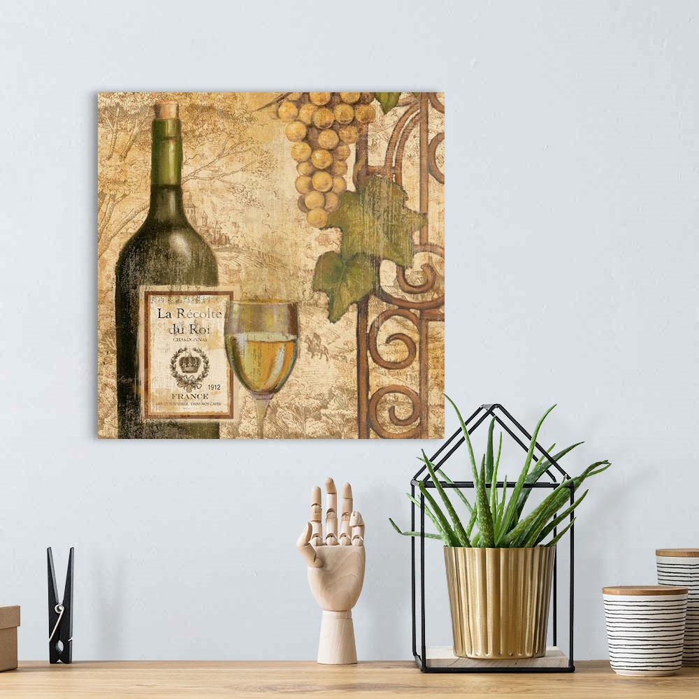 A bohemian room featuring wine , grapes,  glass, label