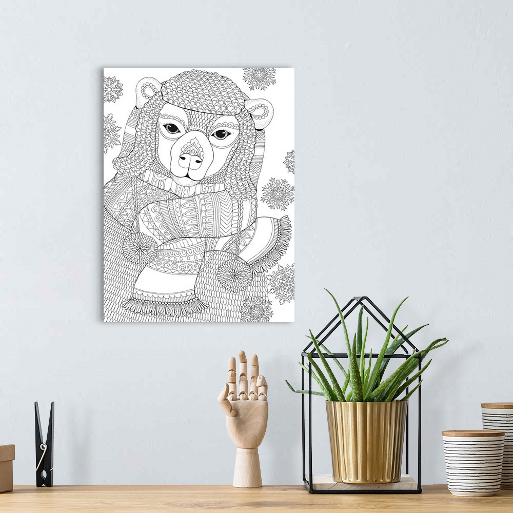 A bohemian room featuring Winter themed black and white line art of a cute polar bear wearing a Winter hat, sweater, and sc...
