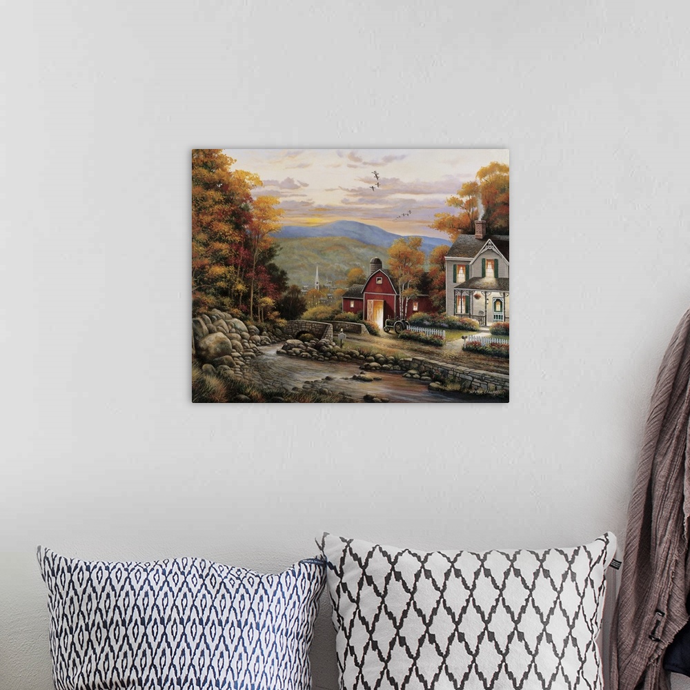 A bohemian room featuring Ducks flying over farm and house by river during fall.