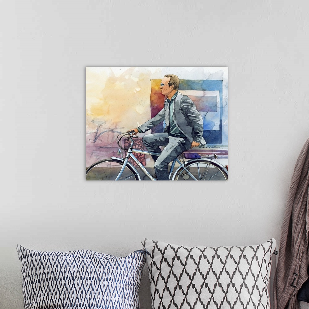 A bohemian room featuring Contemporary watercolor painting of a bicyclist in Lucca, Italy