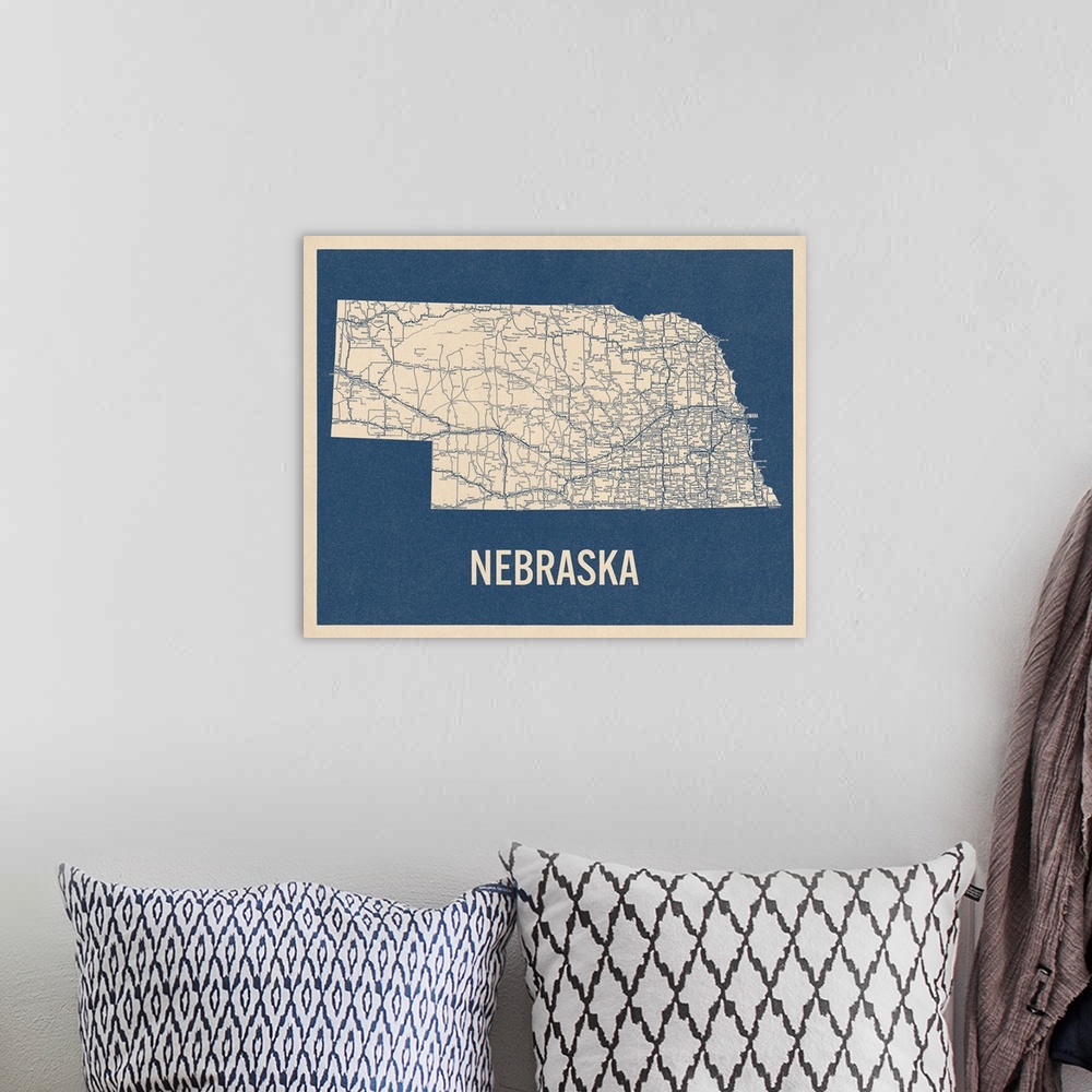 A bohemian room featuring Vintage Nebraska Road Map 2