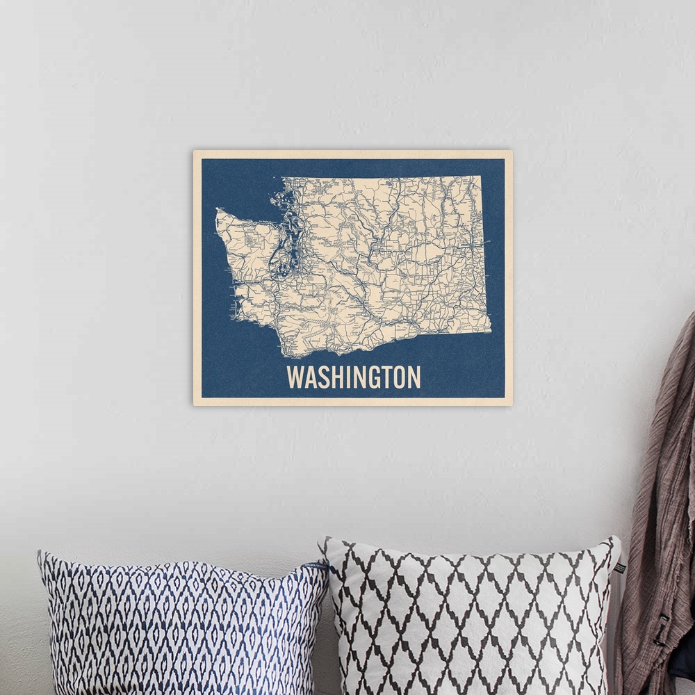 A bohemian room featuring Vintage Washington State Road Map 2