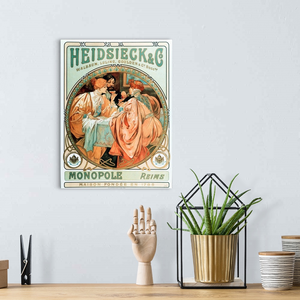 A bohemian room featuring Advertising poster for Heidsieck Champagne company, 1901.