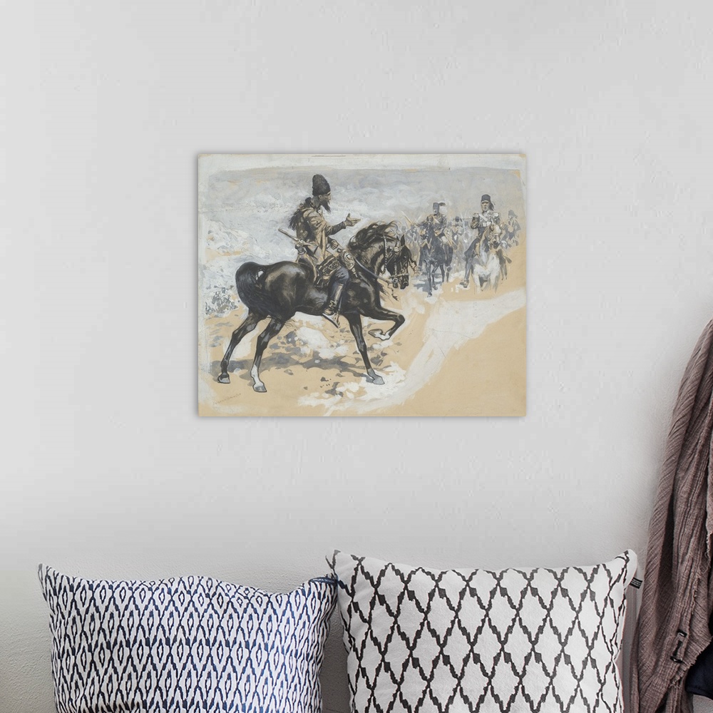A bohemian room featuring Arabian Chief and Cavalrymen, brush and ink, wash, gouache, and graphite on board.