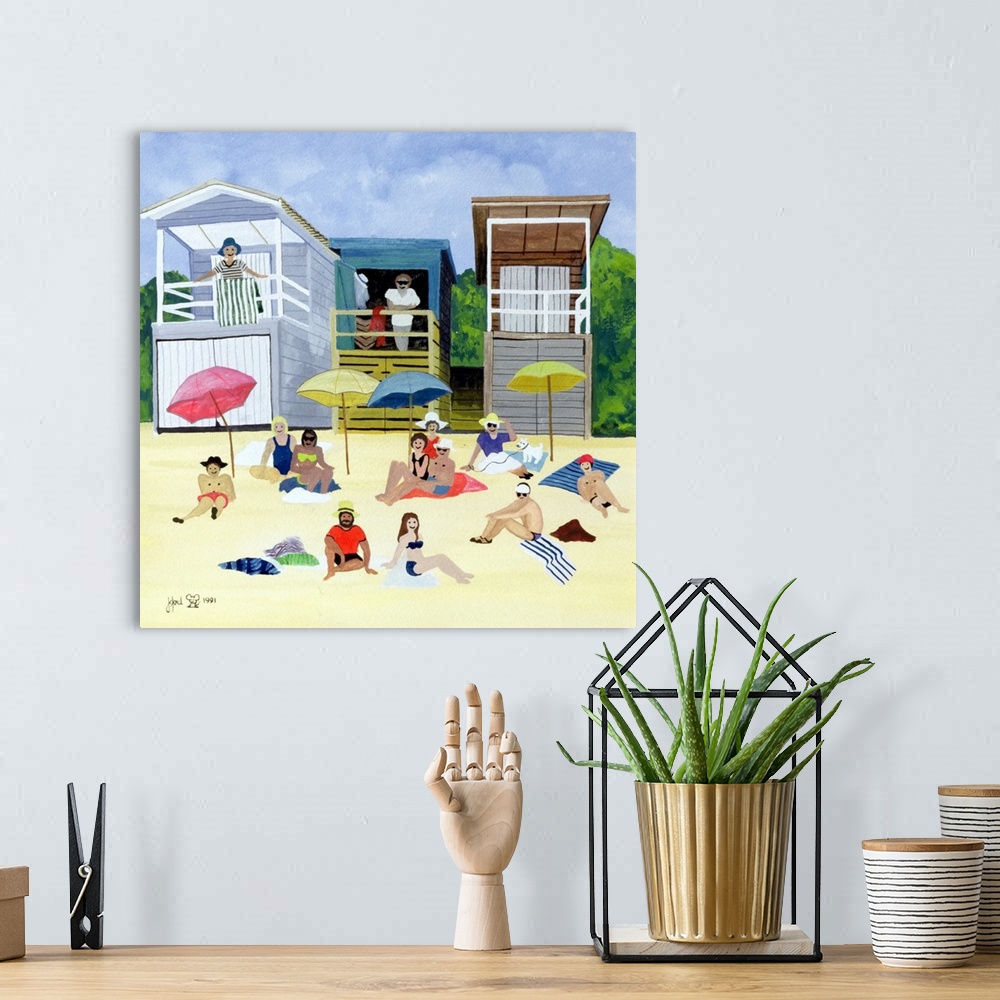 A bohemian room featuring Contemporary painting of people relaxing on the sandy beach.