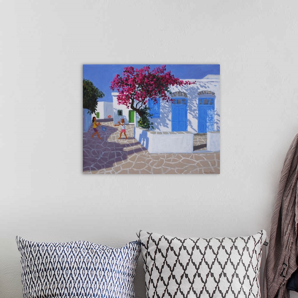 A bohemian room featuring Blue doors, Folygandros, Greek Islands, 2017, (originally oil on canvas) by Macara, Andrew