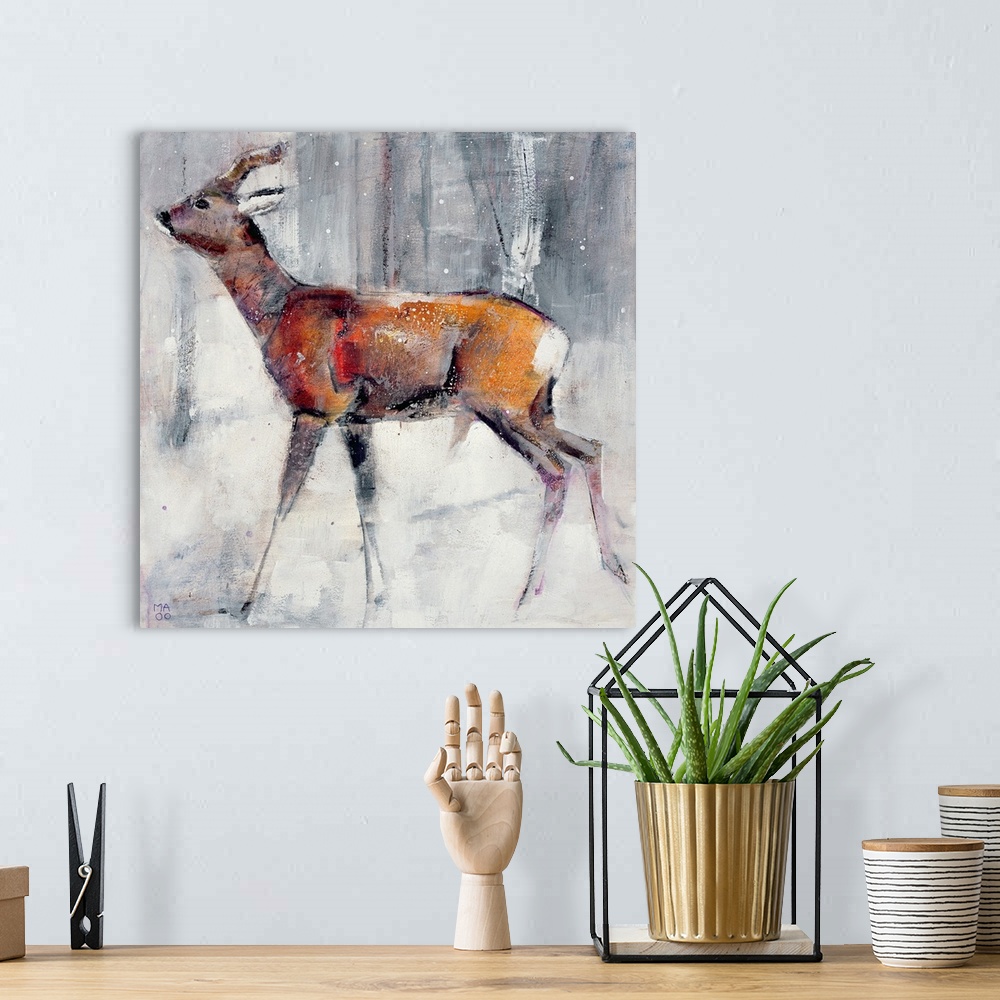 A bohemian room featuring Giant, square painting of a young buck walking through a winter landscape.