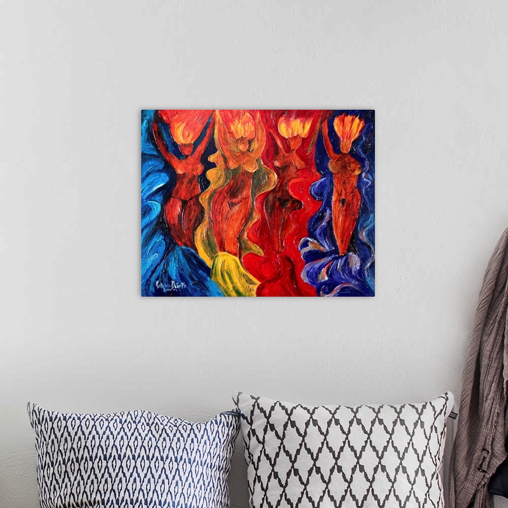 A bohemian room featuring Abstract contemporary art of female figures dancing.