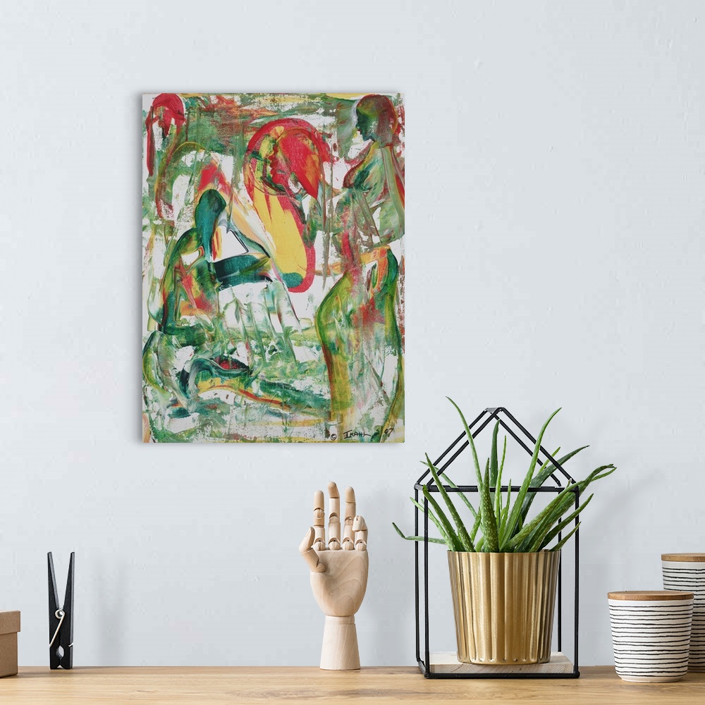 A bohemian room featuring Abstract painting on canvas of two people made up of long loose brush strokes.