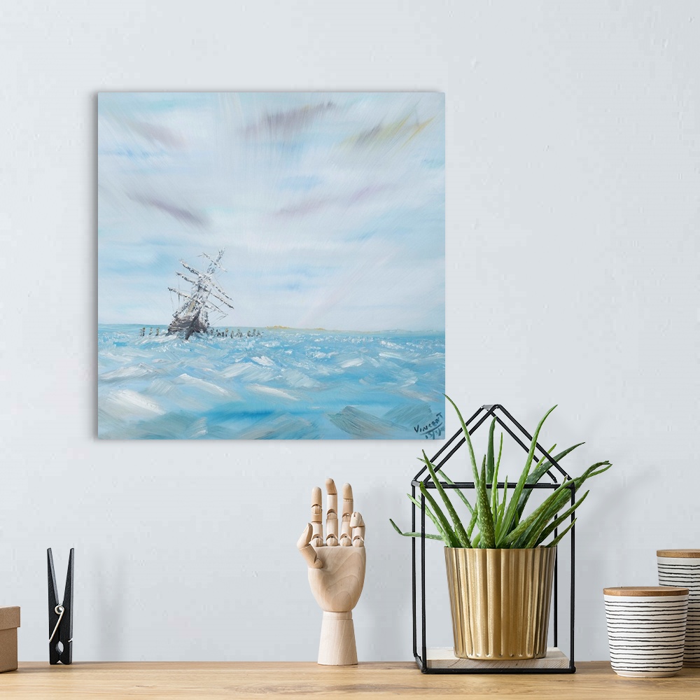 A bohemian room featuring Contemporary painting of a ship out to sea on crystal blue waters.