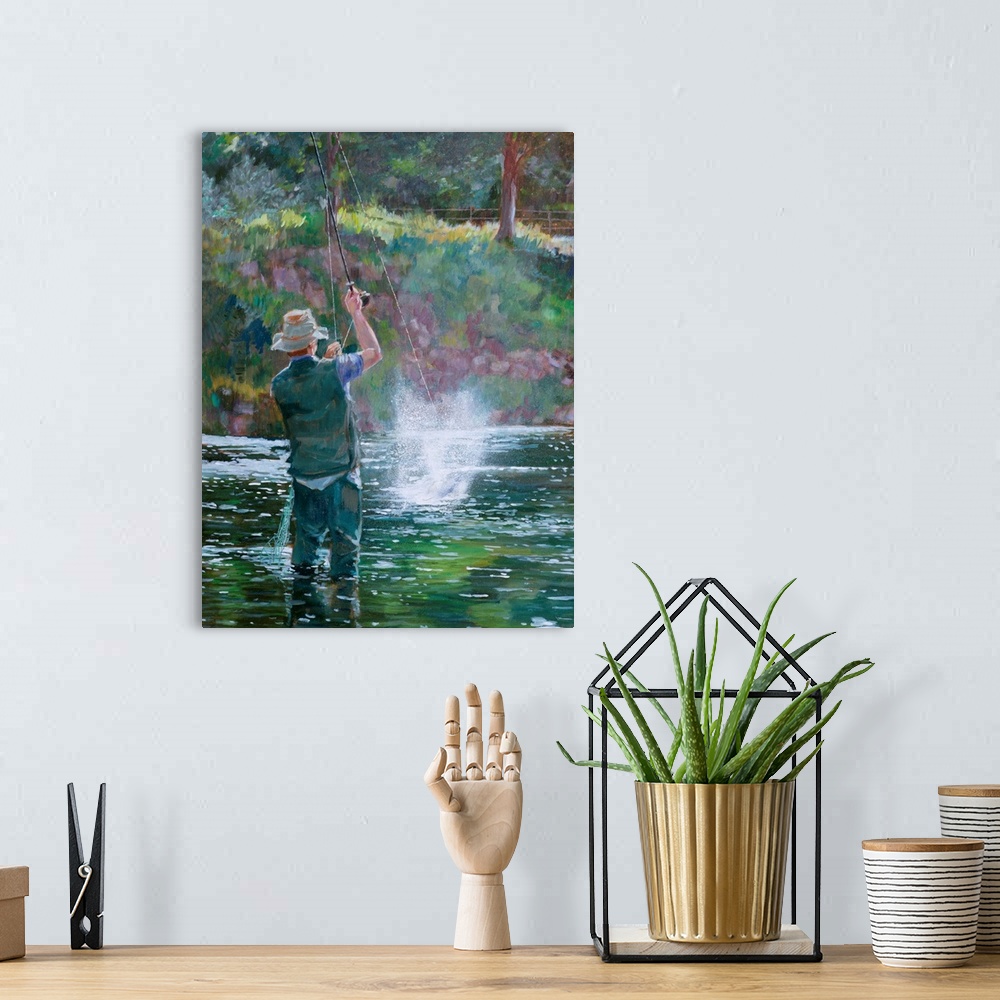 Fly Fishing Scene: Retro Poster Art | Large Solid-Faced Canvas Wall Art Print | Great Big Canvas