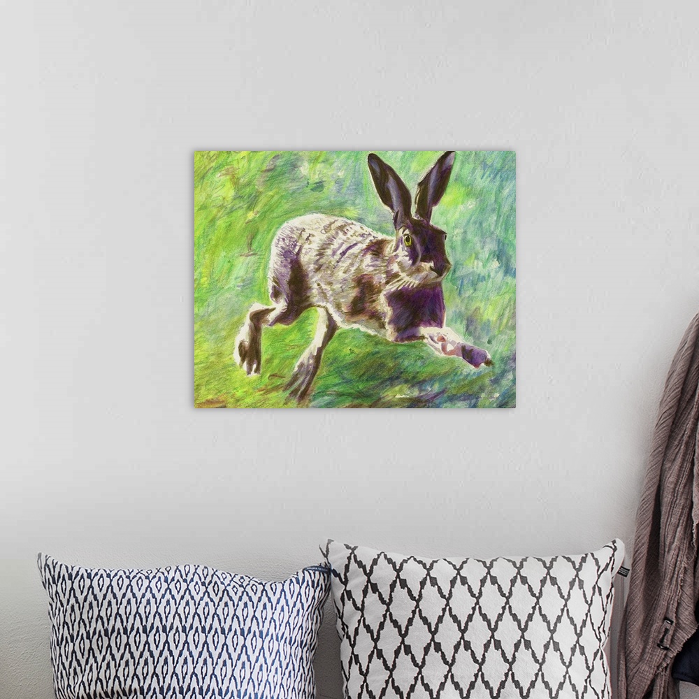 A bohemian room featuring Contemporary painting of a hare leaping as it runs.