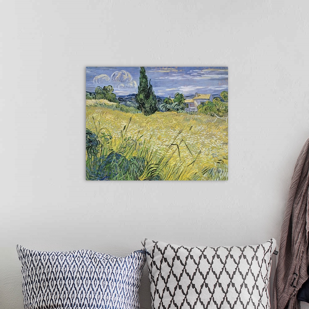 A bohemian room featuring Classic oil painting of a field with a house in the distance made up of broad brush strokes.