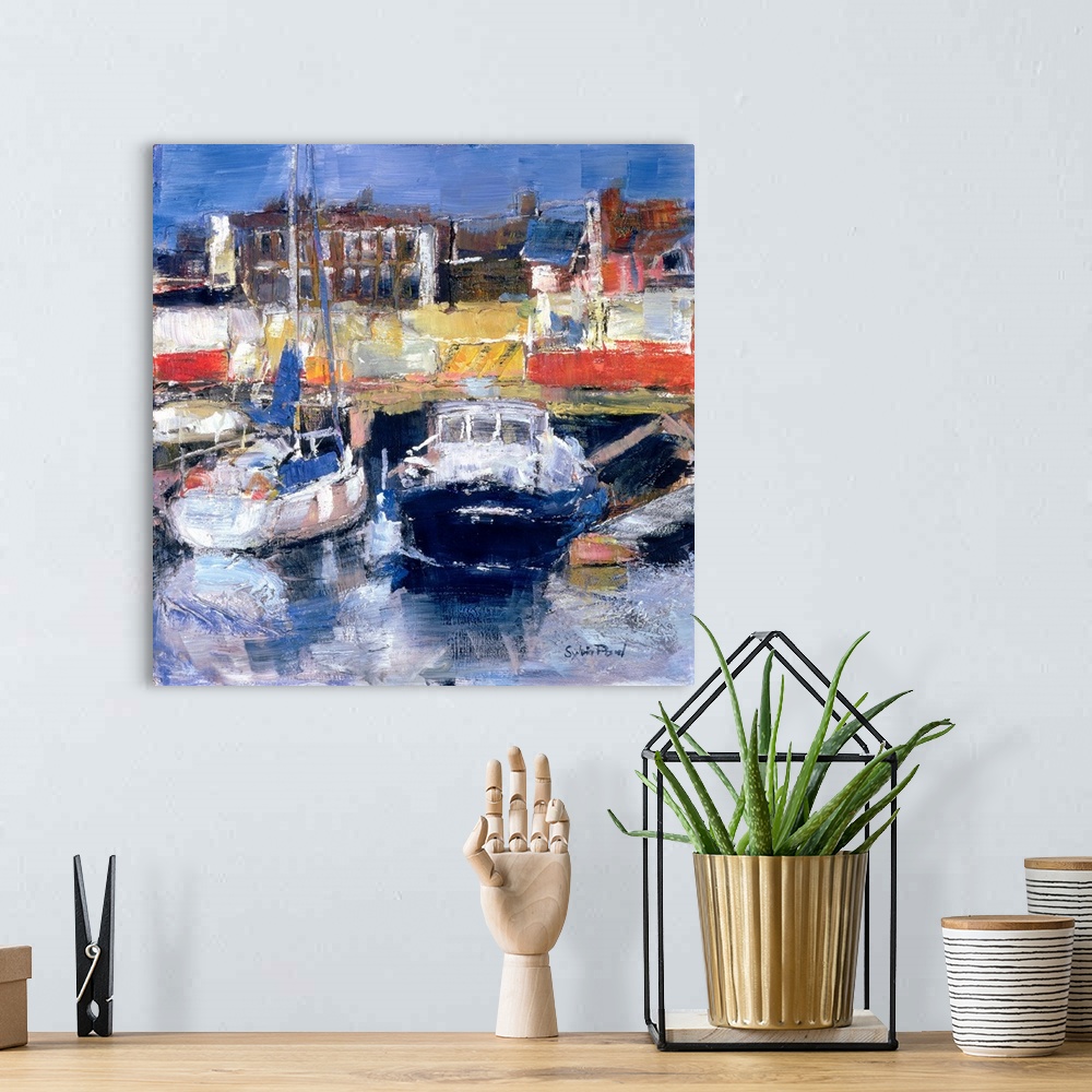 A bohemian room featuring Contemporary painting of boats docked in a harbor.