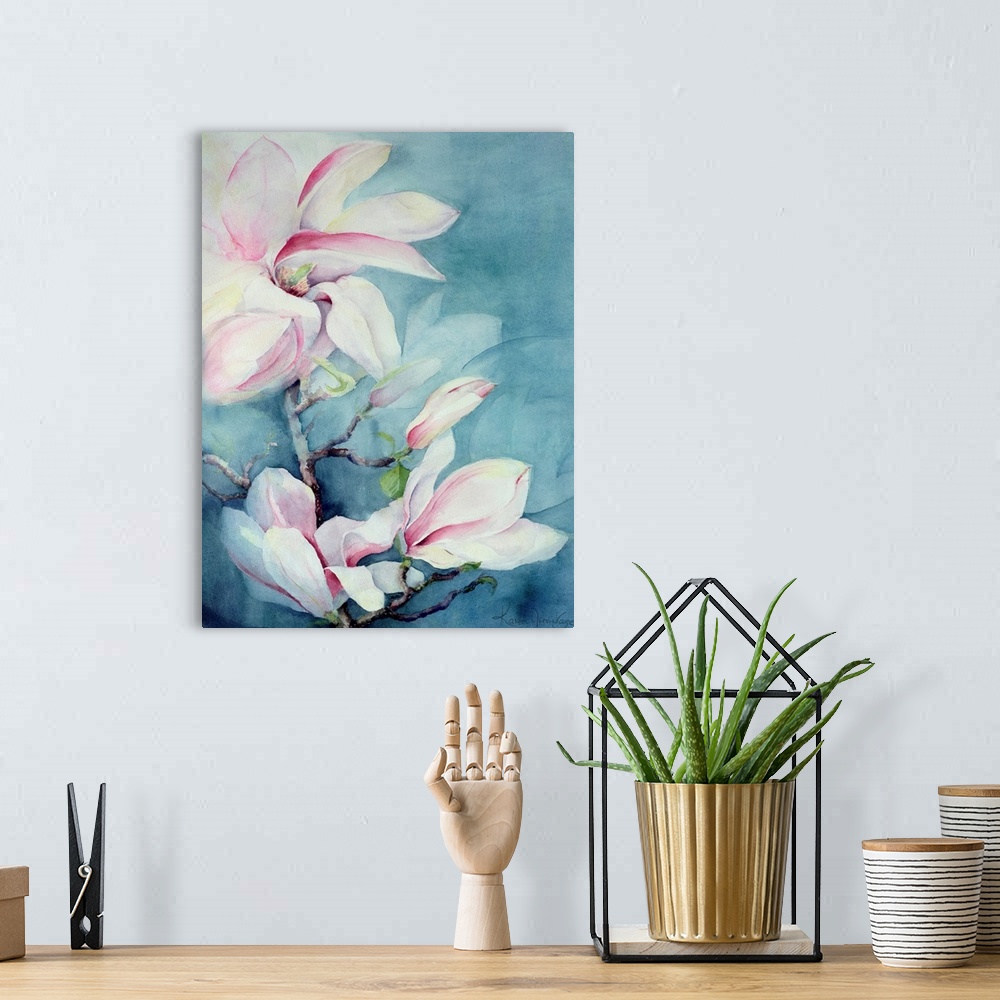A bohemian room featuring Contemporary floral painting of a branch of large petaled white flowers with soft pink accents of...