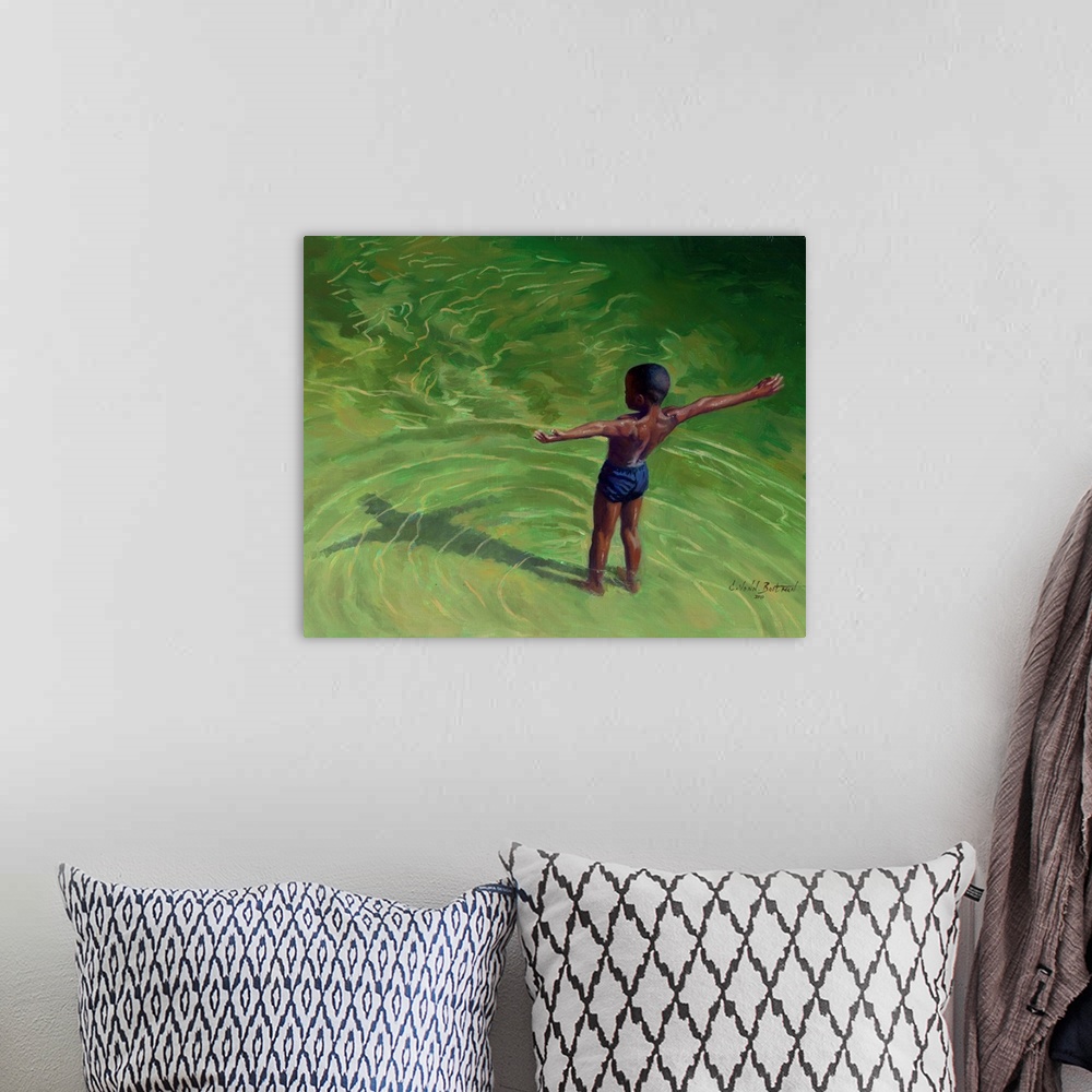 A bohemian room featuring Contemporary painting of a young boy in shallow water looking at his shadow.