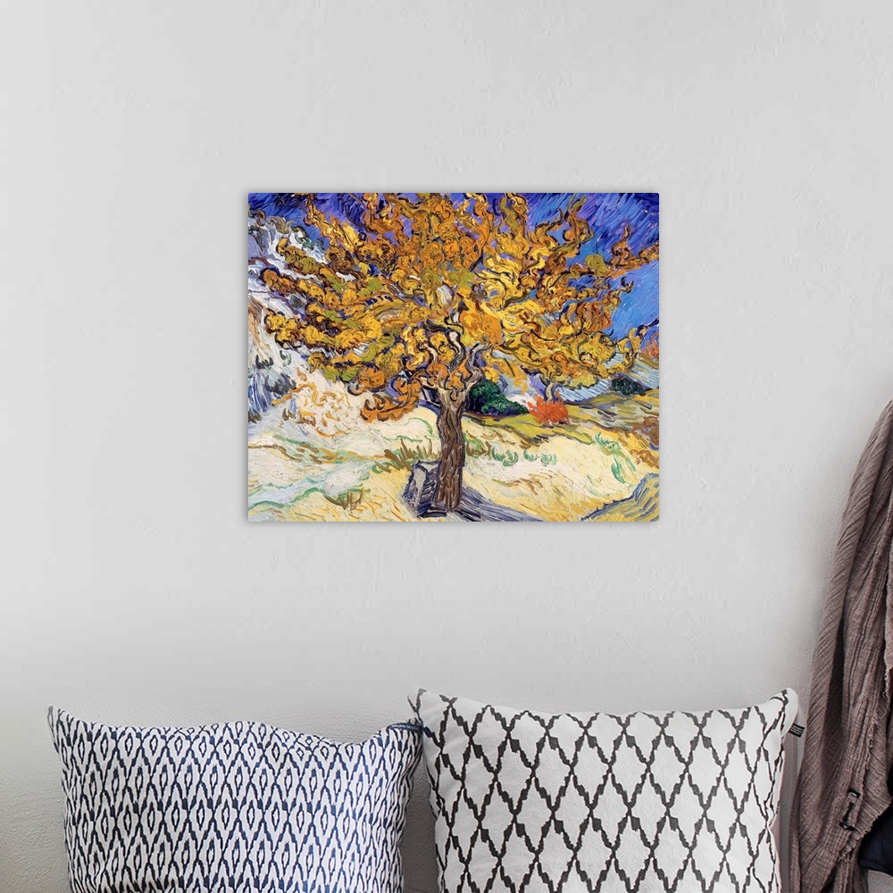 A bohemian room featuring Writhing brush strokes depict the leaves and tree branches in this lively Impressionist landscape.