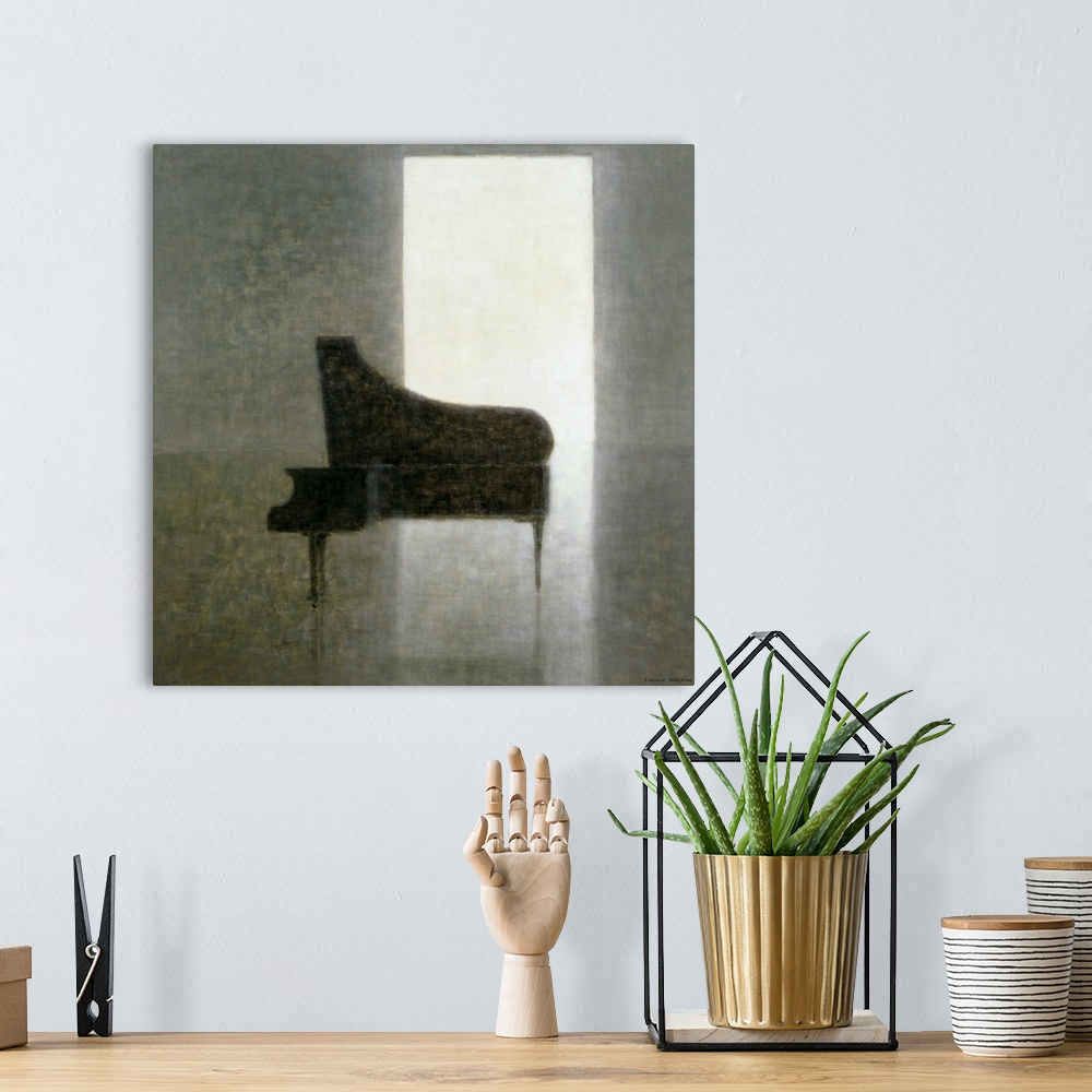 A bohemian room featuring Artwork of a piano in the middle of an empty room. Texture of piece appears botchy.