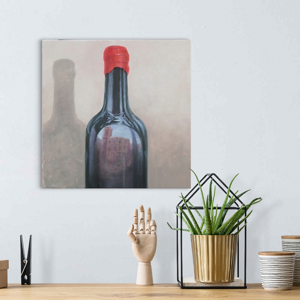 A bohemian room featuring Contemporary still life of a wine bottle.