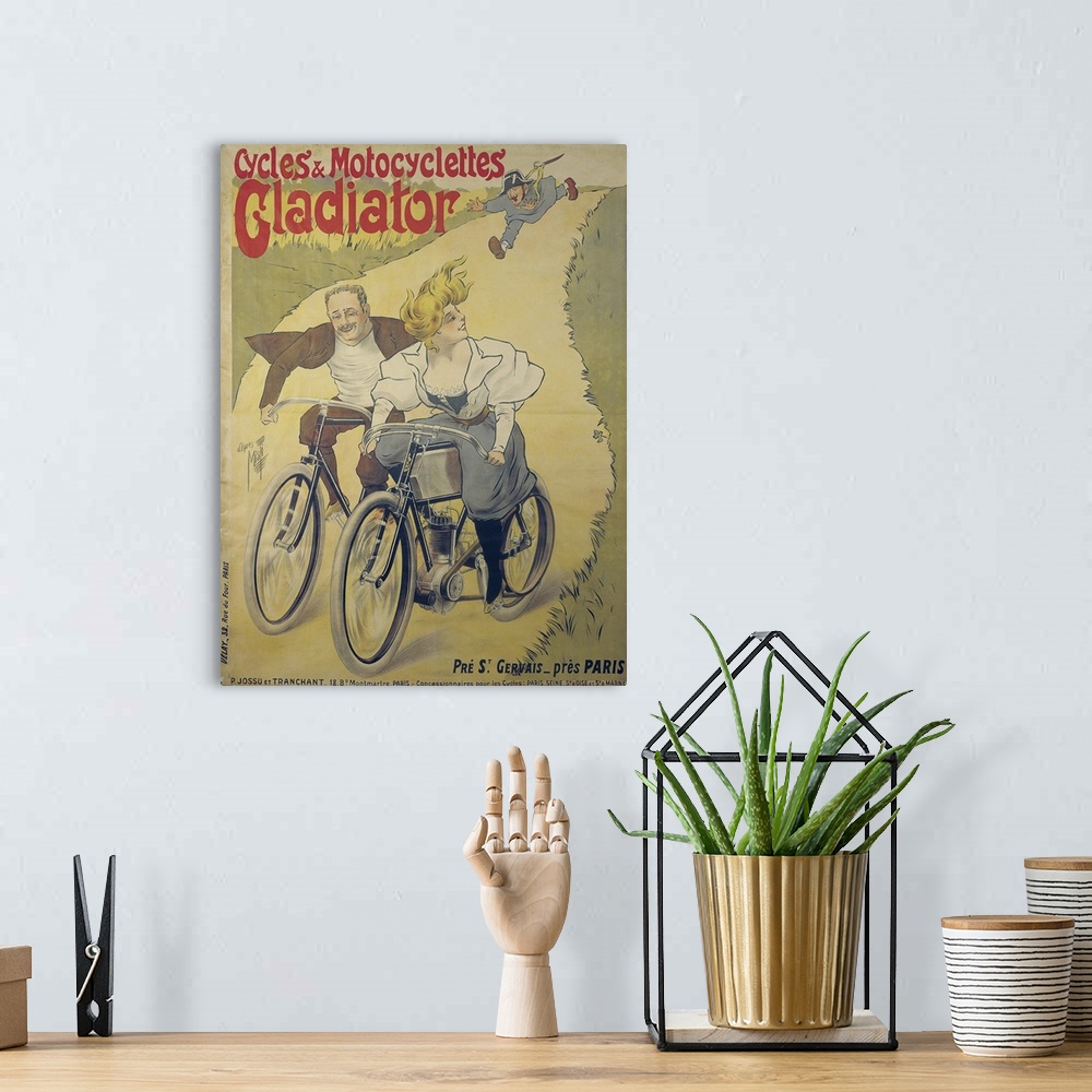A bohemian room featuring Poster advertising Gladiator bicycles and motorcycles
