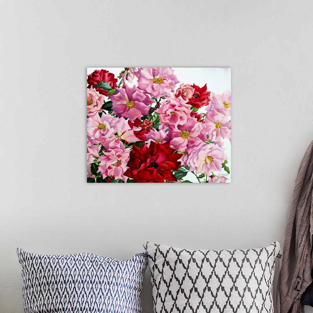 A bohemian room featuring Contemporary painting of a multitude of colorful roses.