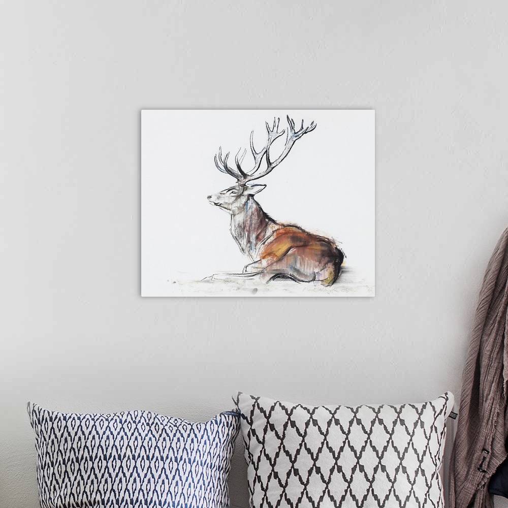 A bohemian room featuring Big sketch on canvas of a deer on a blank background.