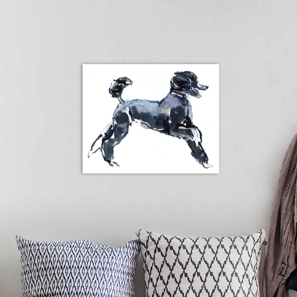 A bohemian room featuring Contemporary watercolor painting of a dog against a white background.