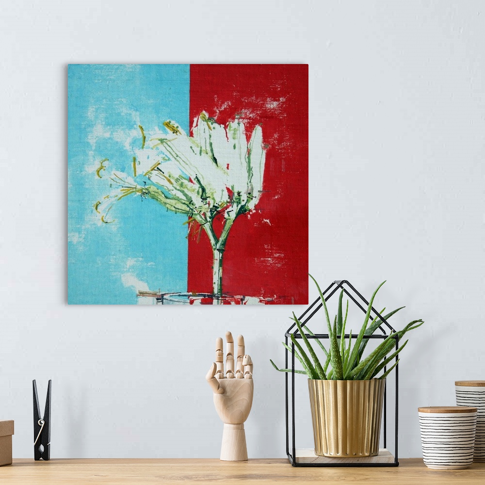 A bohemian room featuring White flower against a blue and red background.