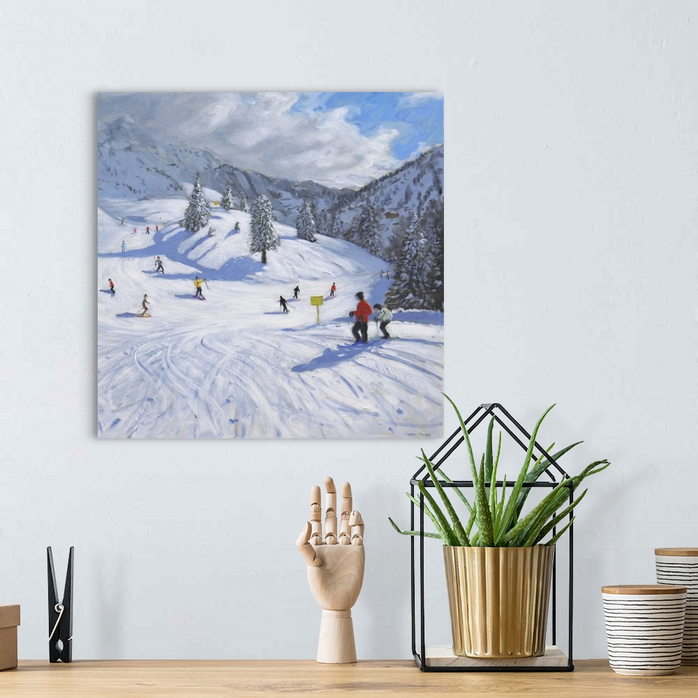 A bohemian room featuring Contemporary painting of a winter snowscape in the mountains with people skiing.