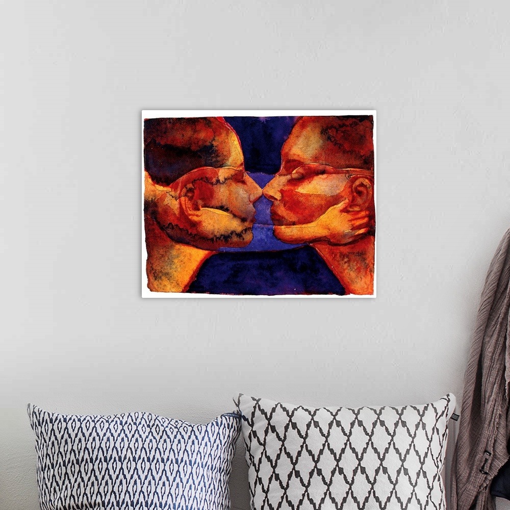 A bohemian room featuring Contemporary watercolor painting of two deep orange toned faces coming close together to kiss.