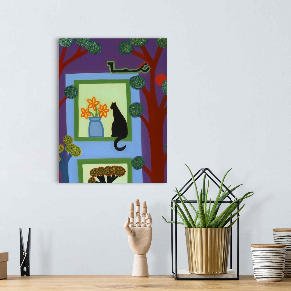 A bohemian room featuring Contemporary painting of a cat sitting on a windowsill next to a vase with flowers.