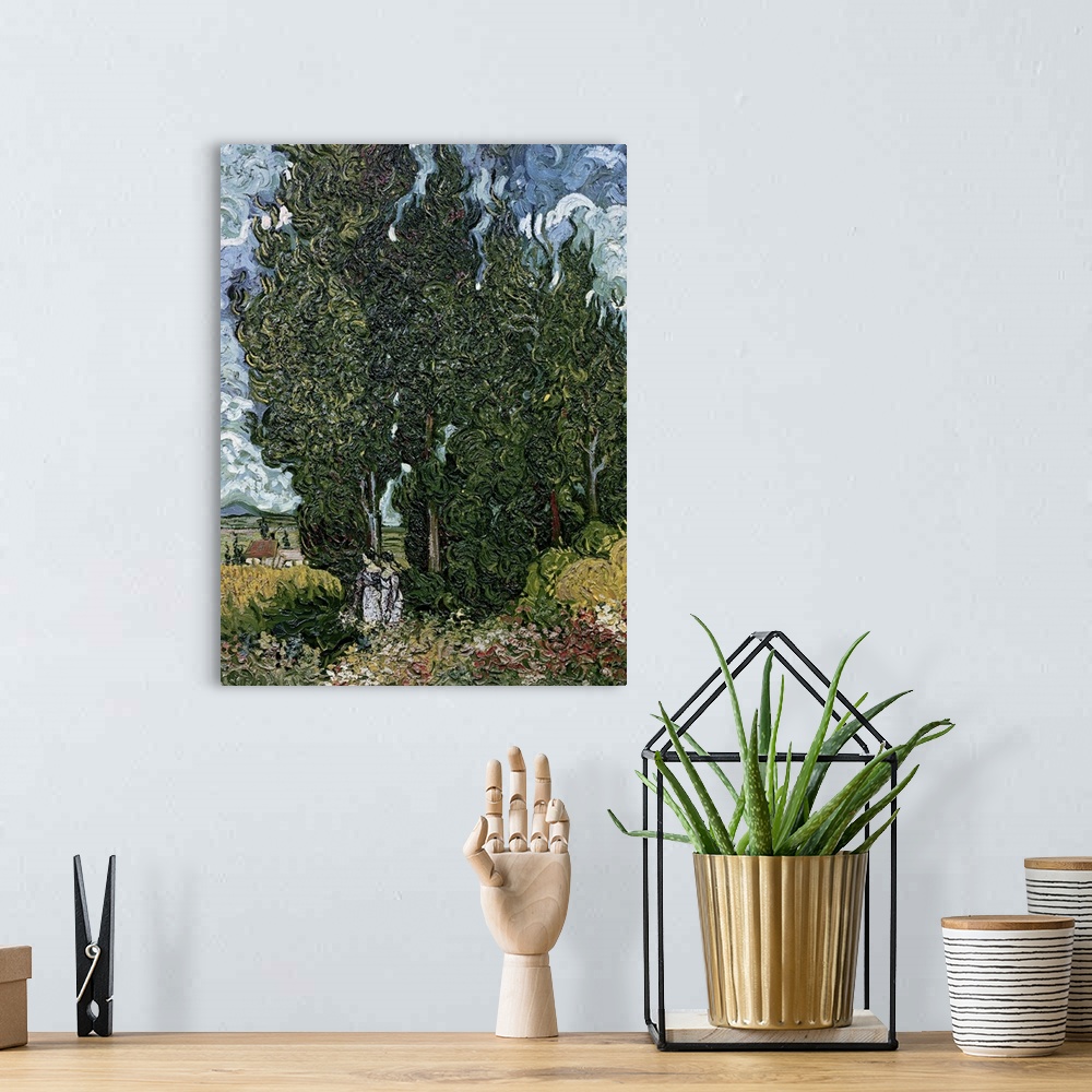 A bohemian room featuring Portrait classic painting of tall cypress trees in a field beneath a blue sky, painted with swirl...