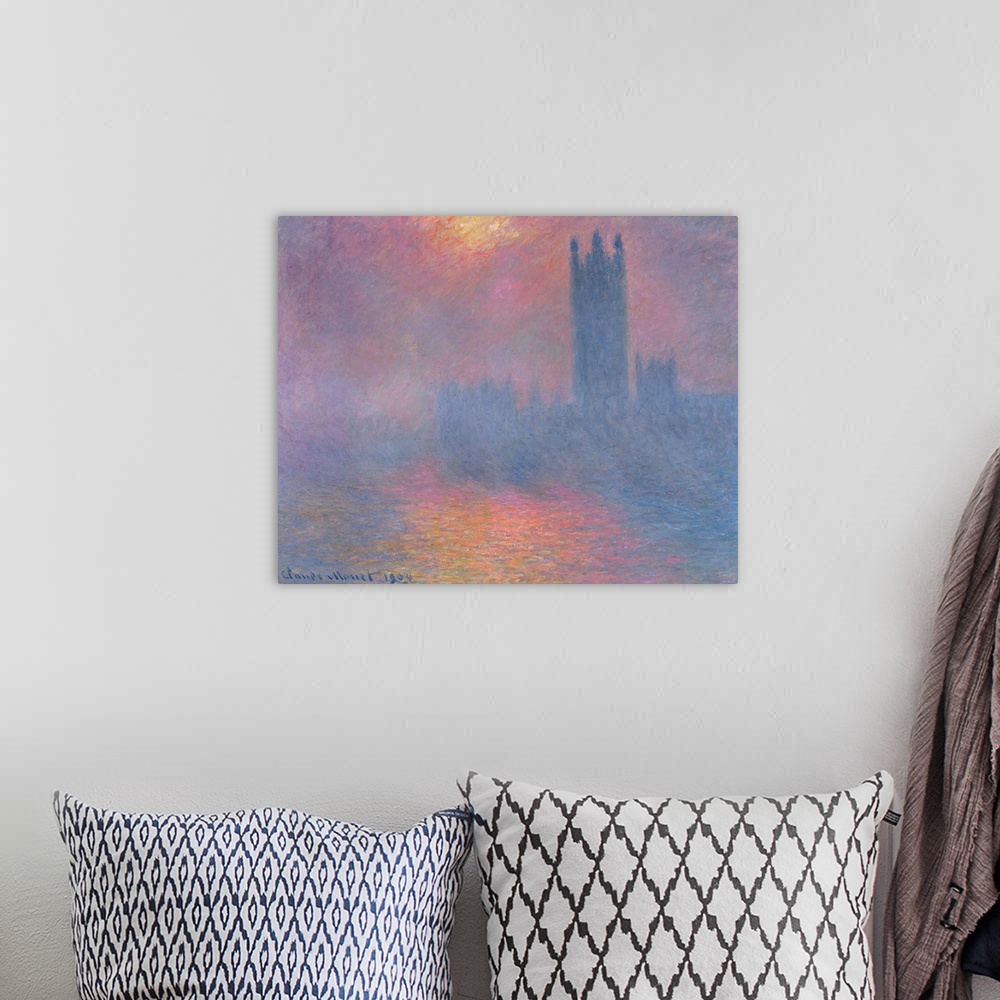A bohemian room featuring Soft focus oil painting showing the silhouette of a building through morning smog with the sun hi...